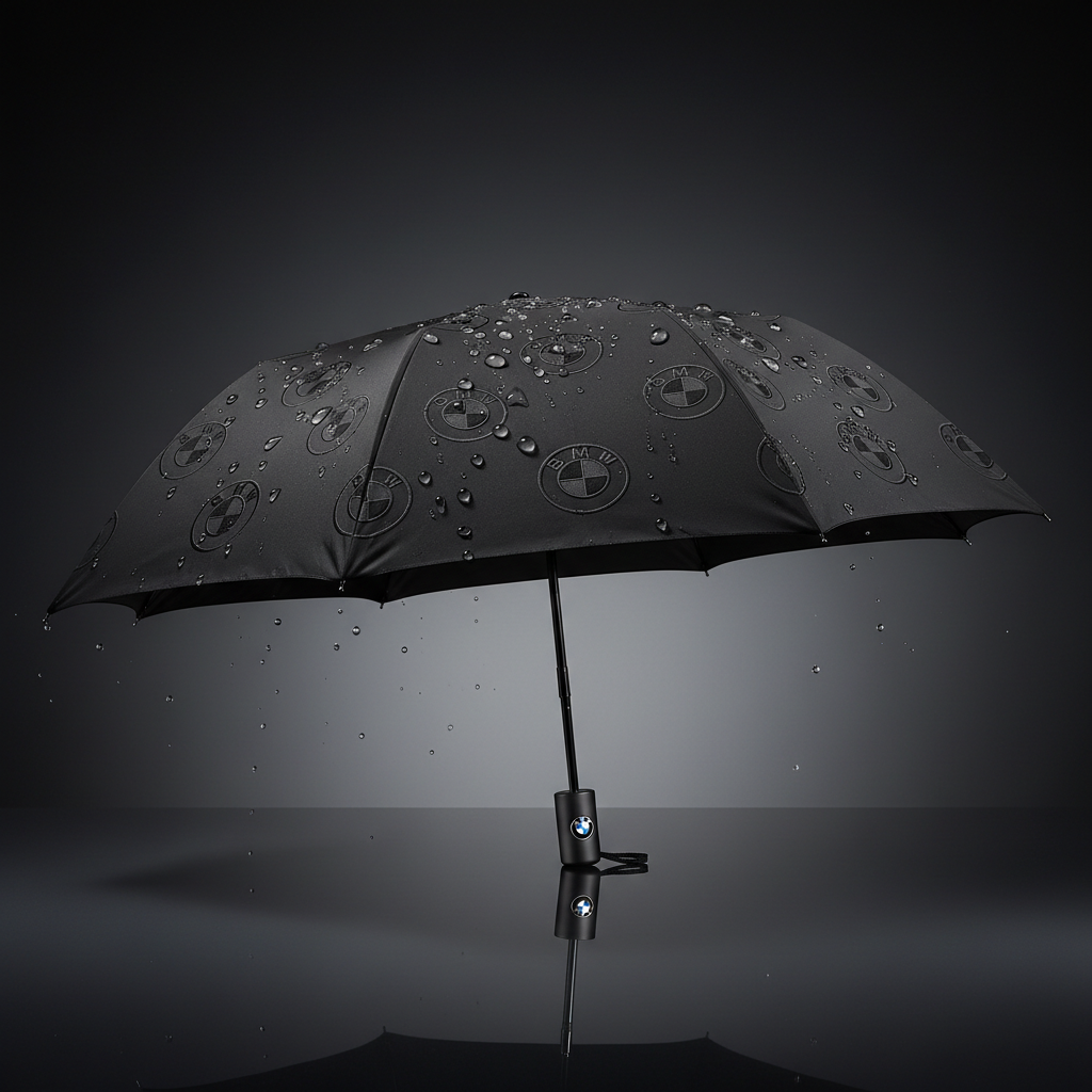 Premium BMW branded umbrella with sleek black canopy and BMW logo, studio lighting with water droplets